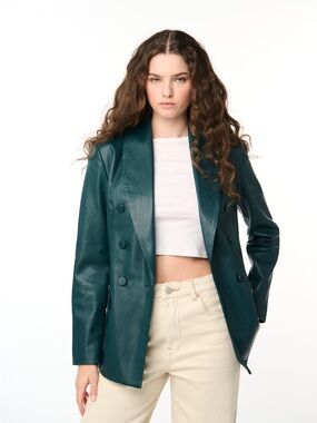 NWT Blank NYC Teal Double-Breasted Faux Leather Blazer Size Small